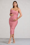 Cici Blush Pink Asymmetric Ruched Maternity Midi Dress