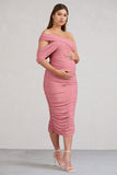 Cici Blush Pink Asymmetric Ruched Maternity Midi Dress
