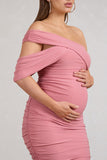 Cici Blush Pink Asymmetric Ruched Maternity Midi Dress