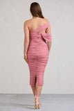 Cici Blush Pink Asymmetric Ruched Maternity Midi Dress