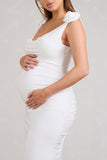 Rosy White Cowl-Neck Maternity Midi Dress With Flowers