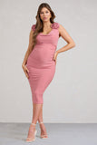 Rosy Pink Cowl-Neck Maternity Midi Dress With Flowers