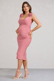 Rosy Pink Cowl-Neck Maternity Midi Dress With Flowers