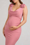 Rosy Pink Cowl-Neck Maternity Midi Dress With Flowers