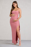 Cut Stem Pink Cami Maternity Maxi Dress With Ruffled Split