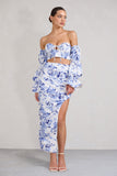 Holiday Blue Floral Ruched Asymmetric Maxi Skirt