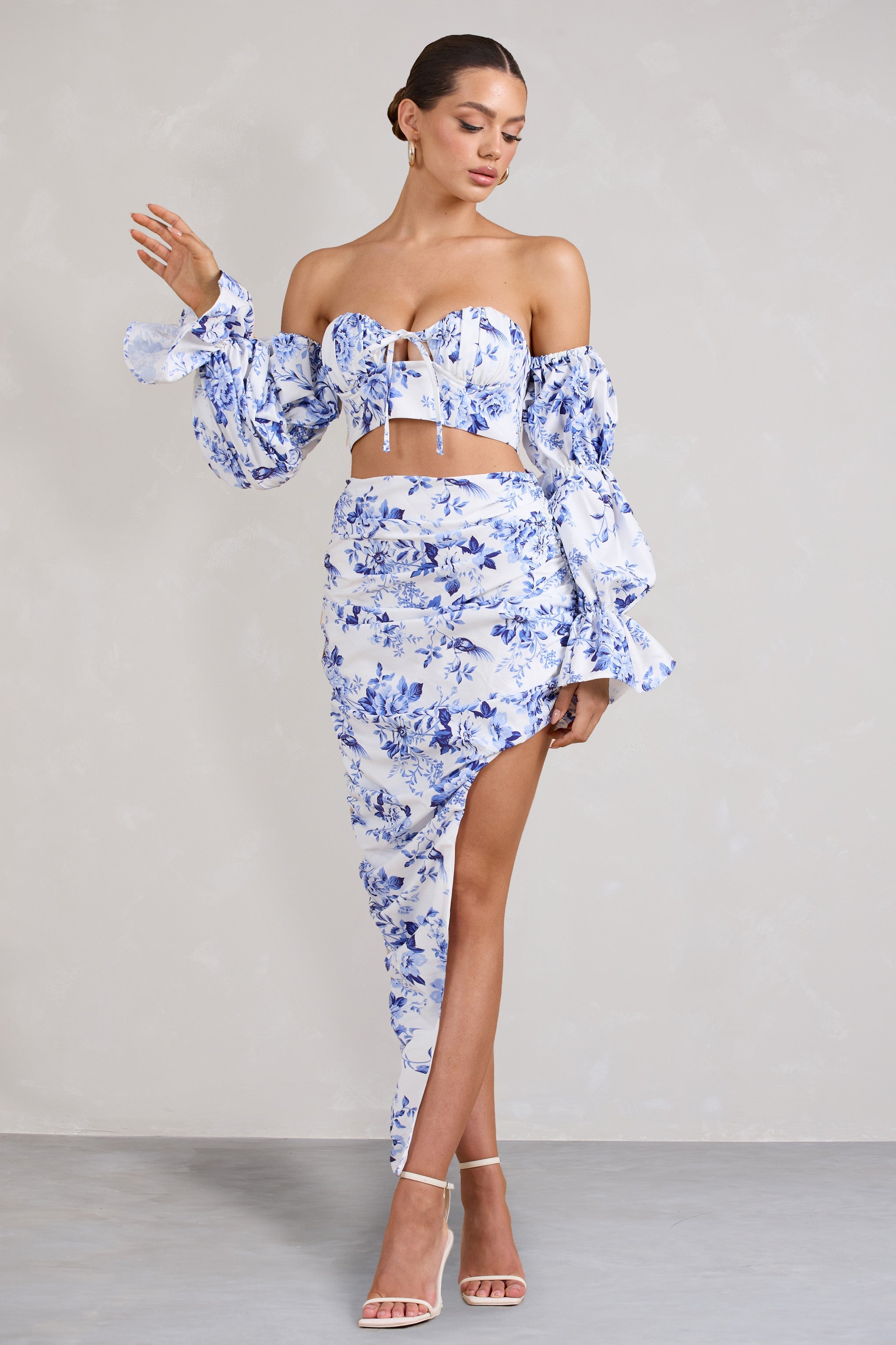 Holiday Blue Floral Ruched Asymmetric Maxi Skirt