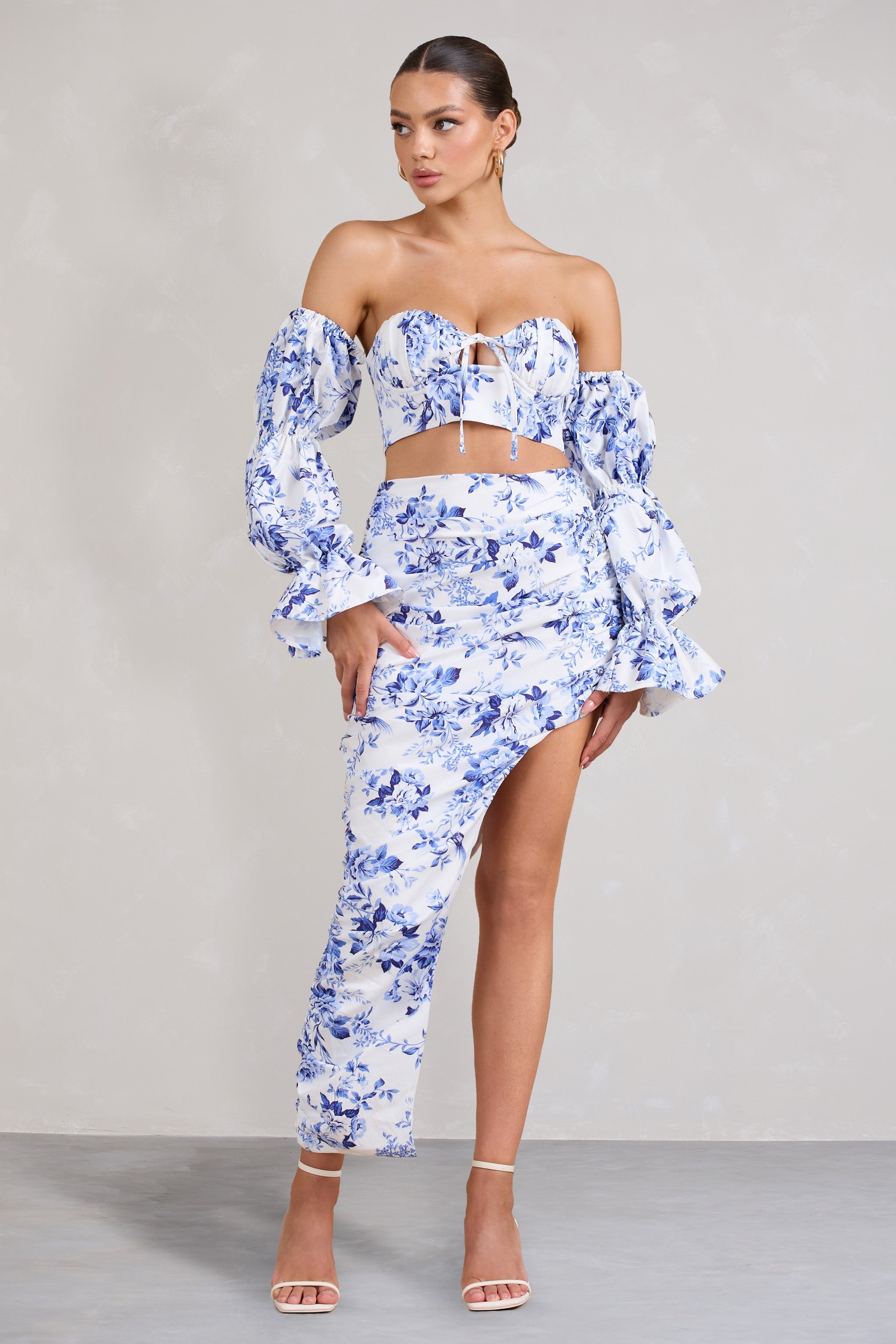 Holiday Blue Floral Ruched Asymmetric Maxi Skirt