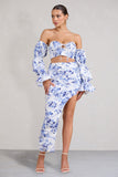 Holiday Blue Floral Ruched Asymmetric Maxi Skirt