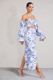 Holiday Blue Floral Ruched Asymmetric Maxi Skirt