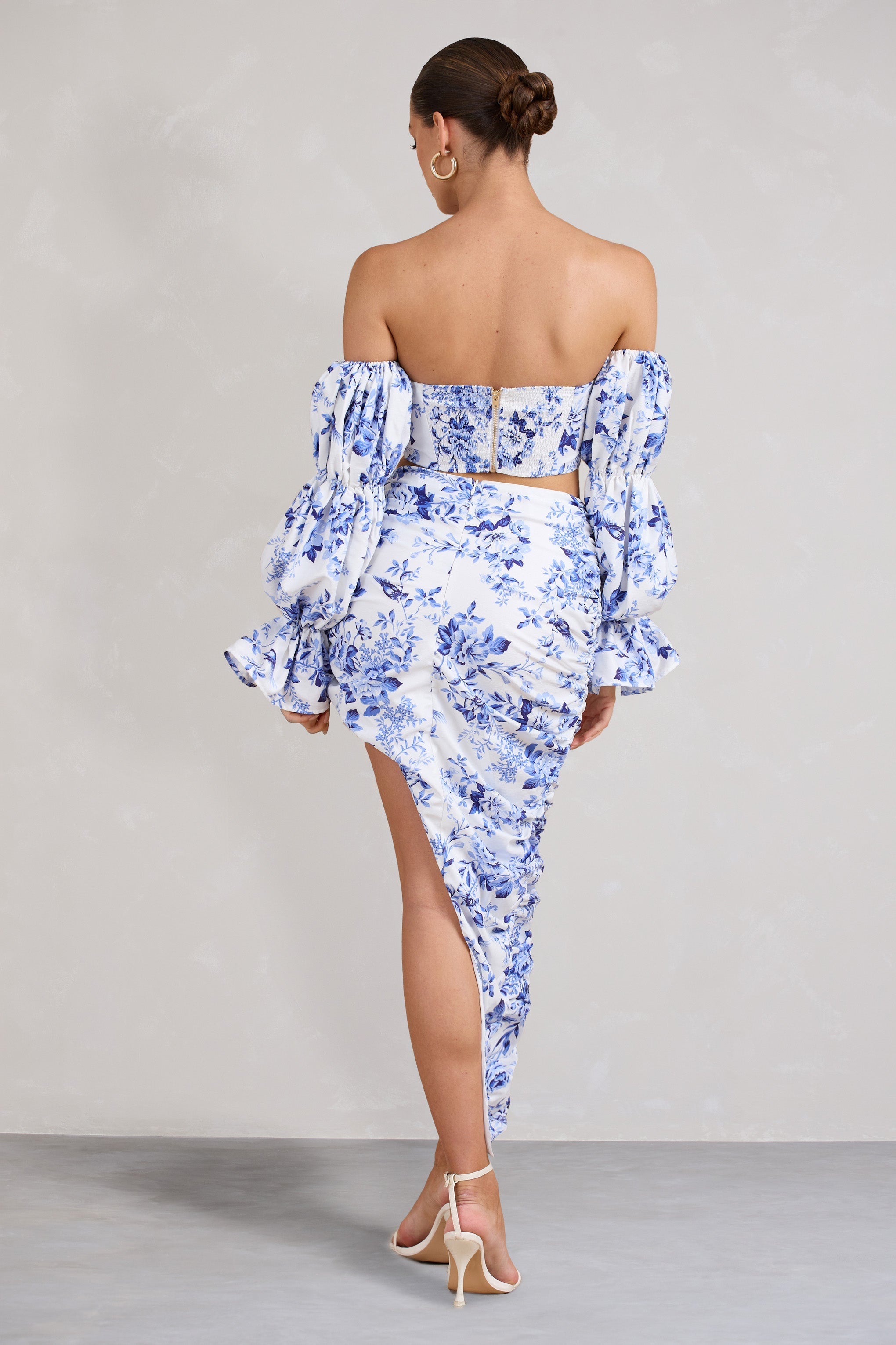 Holiday Blue Floral Ruched Asymmetric Maxi Skirt