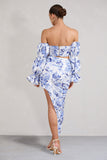 Holiday Blue Floral Ruched Asymmetric Maxi Skirt