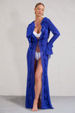 Cascades Blue Long Sleeve Maxi Chiffon Ruffle Cover Up