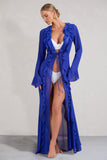 Cascades Blue Long Sleeve Maxi Chiffon Ruffle Cover Up