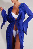 Cascades Blue Long Sleeve Maxi Chiffon Ruffle Cover Up