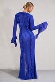 Cascades Blue Long Sleeve Maxi Chiffon Ruffle Cover Up