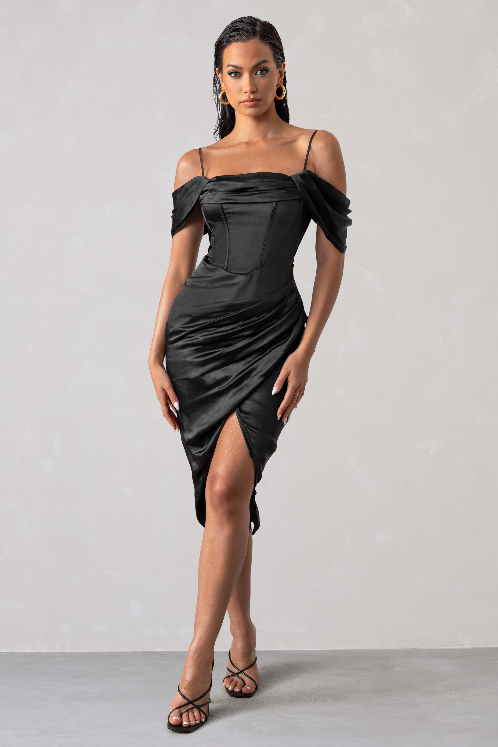 Deserving Black Satin Bardot Sleeve Corset Wrap Midi Dress