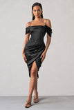 Deserving Black Satin Bardot Sleeve Corset Wrap Midi Dress