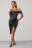 Deserving Black Satin Bardot Sleeve Corset Wrap Midi Dress