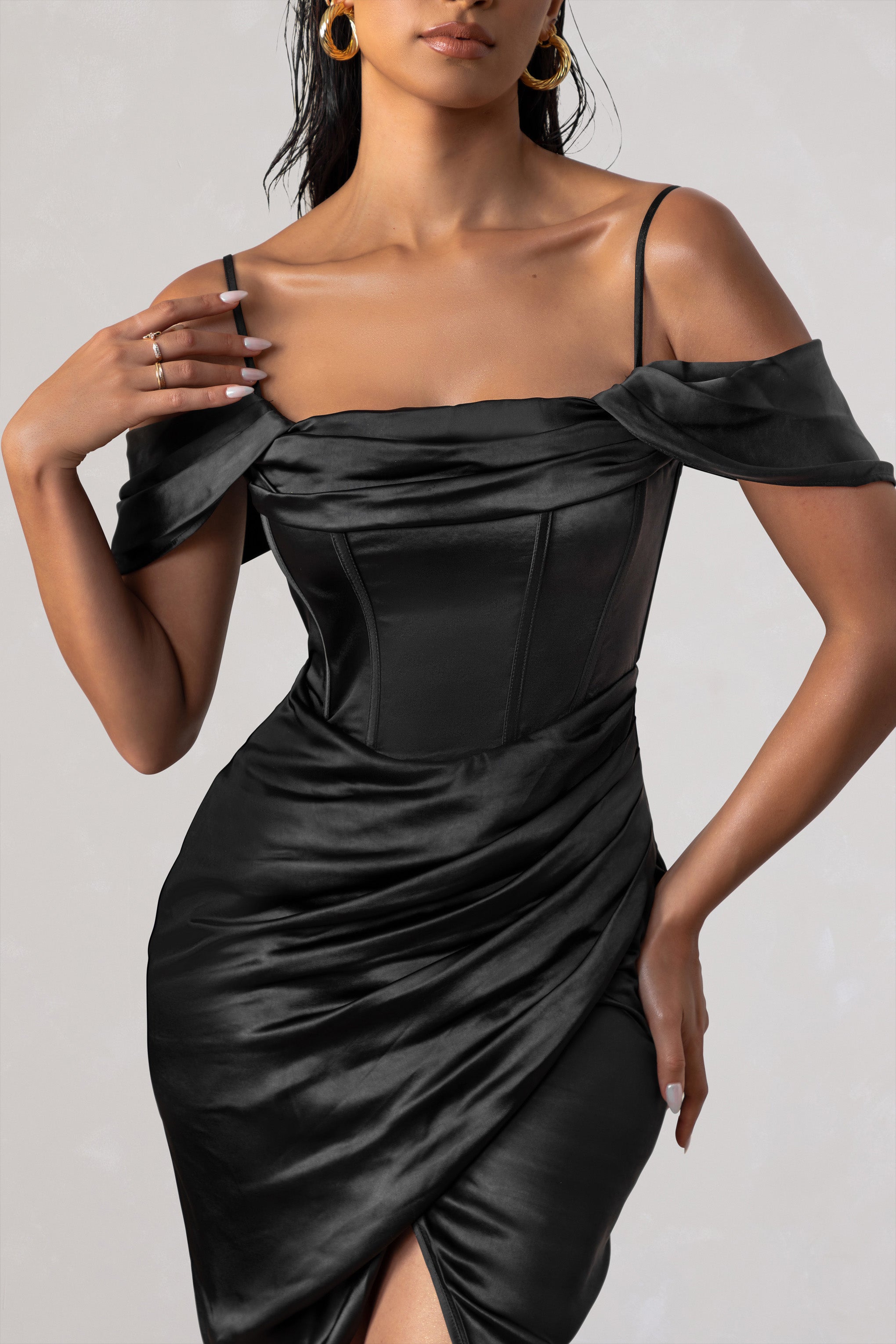 Deserving Black Satin Bardot Sleeve Corset Wrap Midi Dress