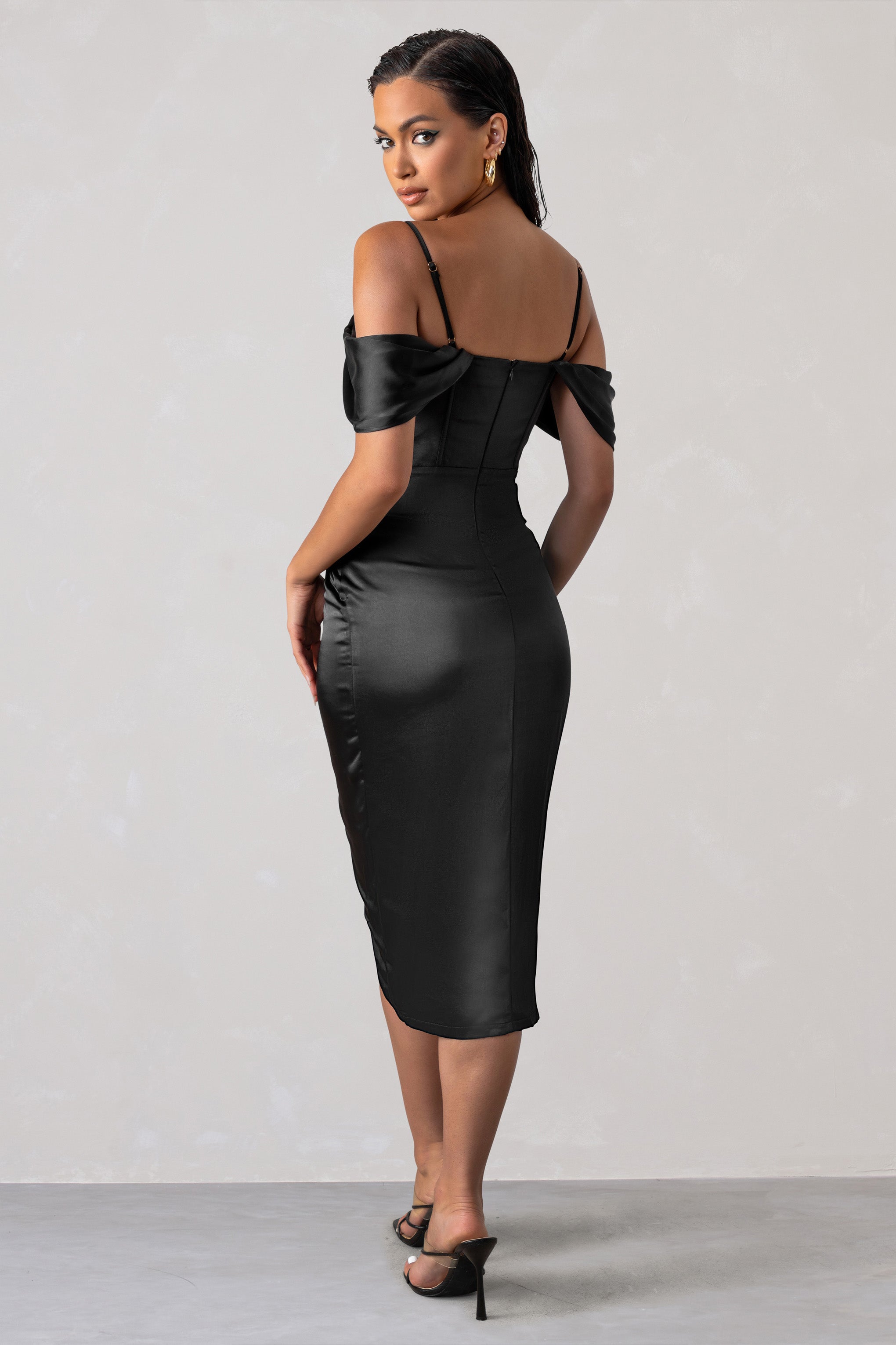 Deserving Black Satin Bardot Sleeve Corset Wrap Midi Dress