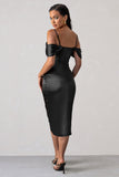 Deserving Black Satin Bardot Sleeve Corset Wrap Midi Dress