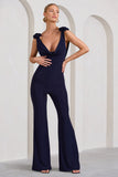 Posy Navy Cowl-Neck Jumpsuit With Corsages And Lace Detail