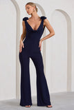 Posy Navy Cowl-Neck Jumpsuit With Corsages And Lace Detail
