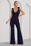 Posy Navy Cowl-Neck Jumpsuit With Corsages And Lace Detail
