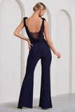 Posy Navy Cowl-Neck Jumpsuit With Corsages And Lace Detail