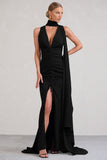 Whimsical Black Chiffon Plunge Fishtail Maxi Dress With Scarf Design
