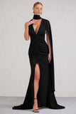 Whimsical Black Chiffon Plunge Fishtail Maxi Dress With Scarf Design