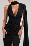 Whimsical Black Chiffon Plunge Fishtail Maxi Dress With Scarf Design