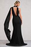 Whimsical Black Chiffon Plunge Fishtail Maxi Dress With Scarf Design