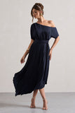 India Navy Satin Asymmetric Plisse Maxi Dress