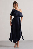 India Navy Satin Asymmetric Plisse Maxi Dress