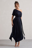 India Navy Satin Asymmetric Plisse Maxi Dress