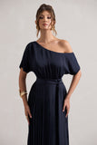 India Navy Satin Asymmetric Plisse Maxi Dress