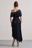 India Navy Satin Asymmetric Plisse Maxi Dress