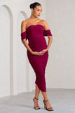 Plus One Berry Maternity Ruched Bardot Midi Dress