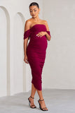Plus One Berry Maternity Ruched Bardot Midi Dress