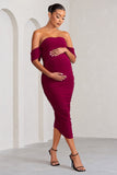 Plus One Berry Maternity Ruched Bardot Midi Dress