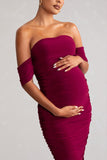 Plus One Berry Maternity Ruched Bardot Midi Dress