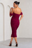 Plus One Berry Maternity Ruched Bardot Midi Dress