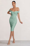 Gratitude Sage Off The Shoulder Ruched Midi Dress