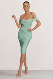Gratitude Sage Off The Shoulder Ruched Midi Dress