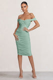Gratitude Sage Off The Shoulder Ruched Midi Dress