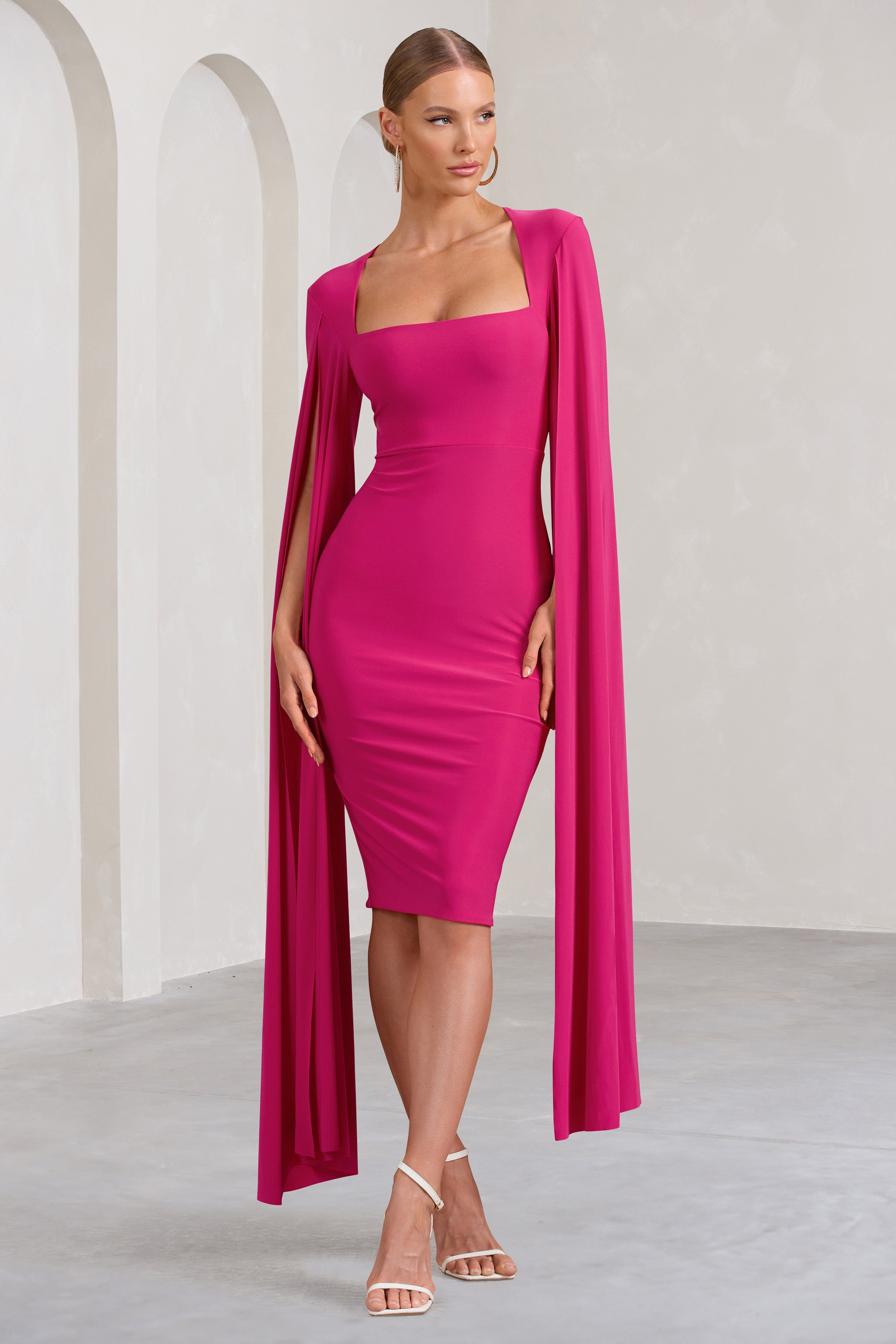 Flawless Hot Pink Square Neck Midi Dress With Cape Sleeves