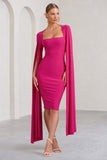 Flawless Hot Pink Square Neck Midi Dress With Cape Sleeves