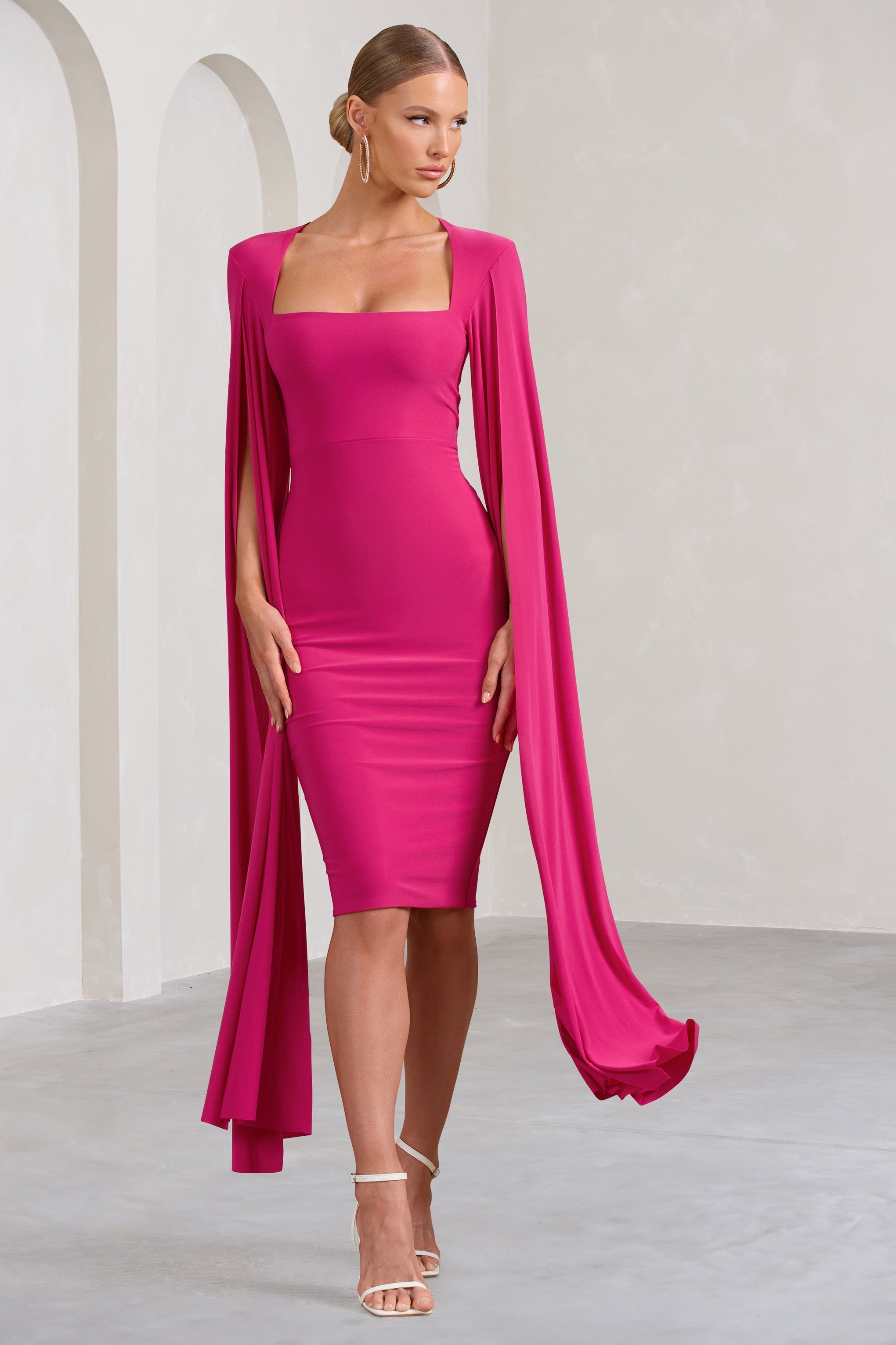 Flawless Hot Pink Square Neck Midi Dress With Cape Sleeves